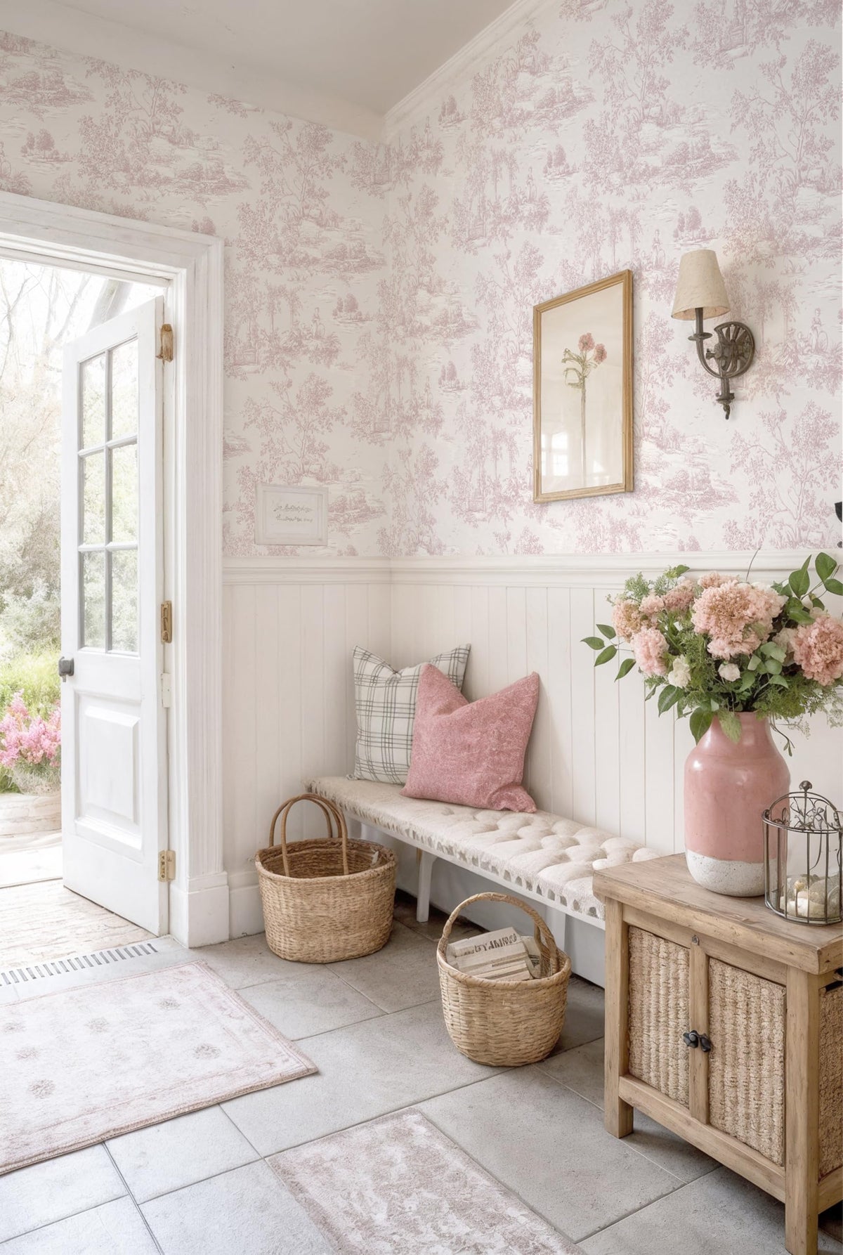 Peel and Stick Wallpaper Vintage Wallpaper Pink Removable Wall Paper Toile Self (Pink / 17.3" x 196.8")