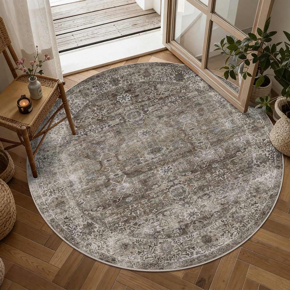 Round Rug 4ft Brown Grey Vintage Washable Circle Rug for Entryway Kitchen (4'(Round) / Antique/Moss)