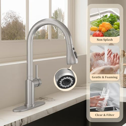 Kitchen Faucet with Pull Down Sprayer Kitchen Sink Faucets 2 Spray Modes 1 or 3 Hole Single Handle High Arc Stainless Steel