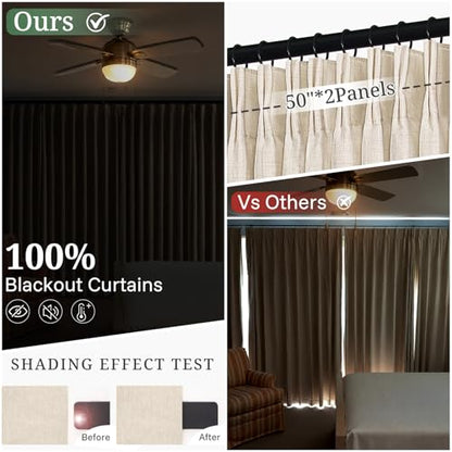 Extra Long 108 Inch Blackout Curtains Pinch Pleated for Living (Natural / 50"W x 108"L (Pack of 2))