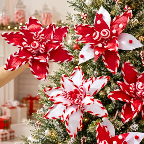 12 PCS Red Candy Cane Poinsettia Picks Artificial Xmas Flower Decor (Red)