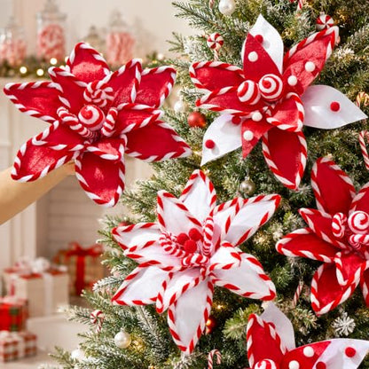 12 PCS Red Candy Cane Poinsettia Picks Artificial Xmas Flower Decor (Red)