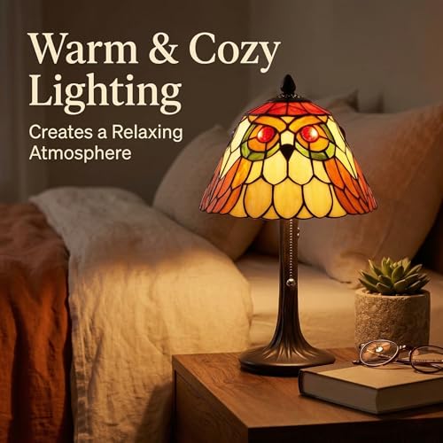 Tiffany Style Table Lamp Stained Glass Vintage Owl Bedside Light