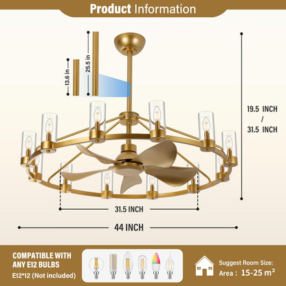 44" Wagon Wheel Chandelier Ceiling Fan with 12 Lights (Gold)