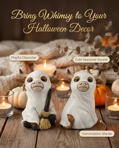2 Resin Cow Ghost Figurines Halloween Tabletop Decor (Highland Cow Ghost)
