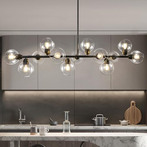 Linear Chandelier for Dining Room with Open Glass Globe Lampshade 13Lights Linear Chandelier Pendant Light