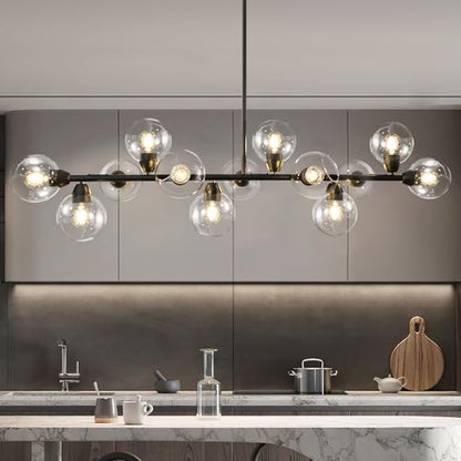 Linear Chandelier for Dining Room with Open Glass Globe Lampshade 13Lights Linear Chandelier Pendant Light