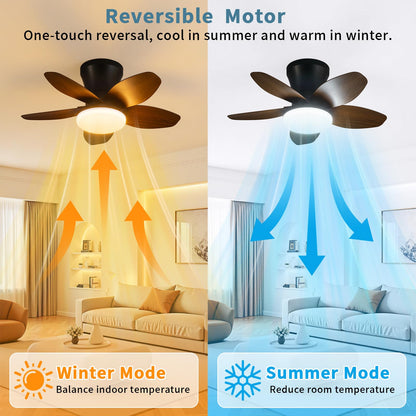 Small Ceiling Fan with Lights (Dark wood grain / 25 Inch)