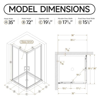 Corner Shower Enclosure 35" D x 35" W x 72" H