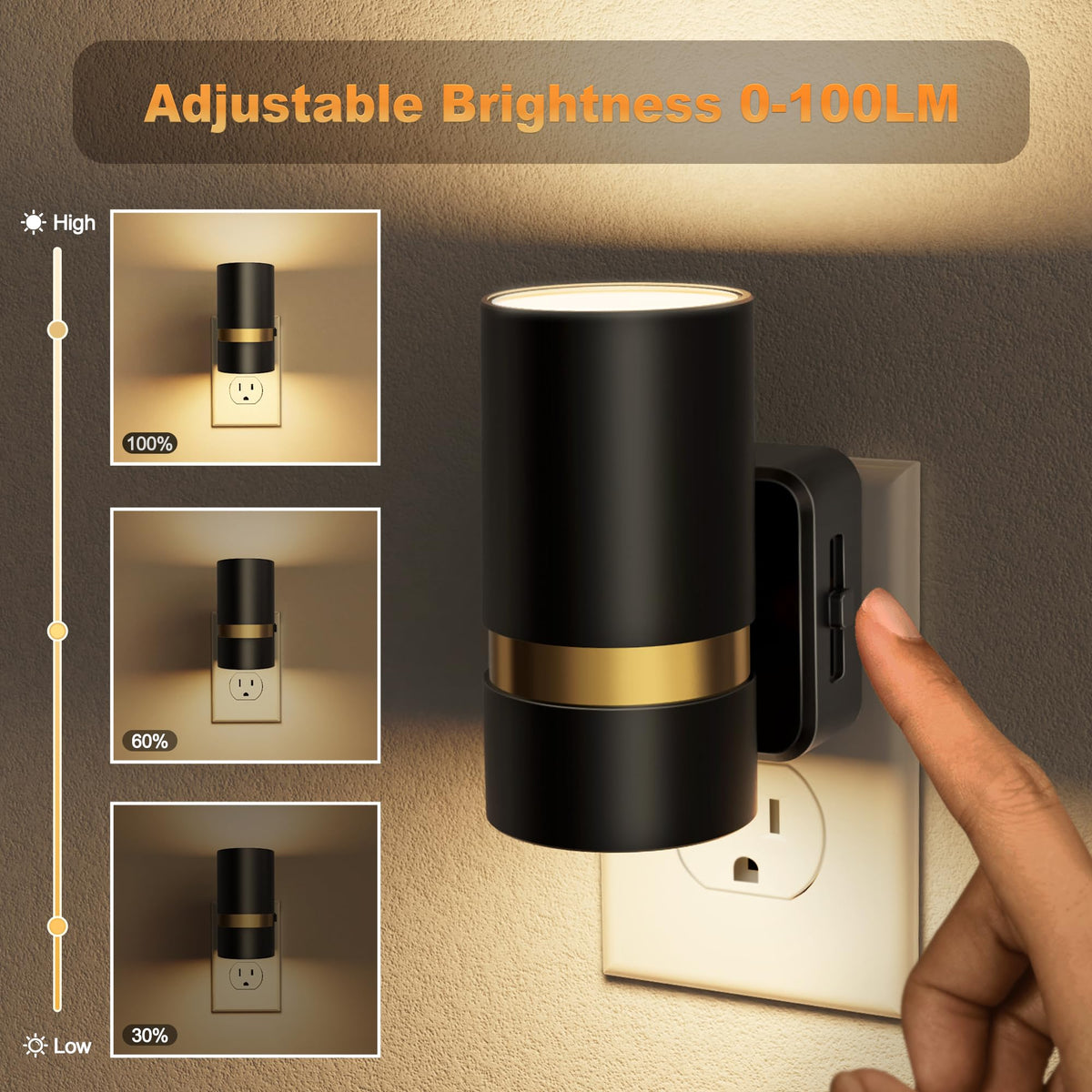 Night Lights Plug into Wall (Black-3000K / 2 Pack)