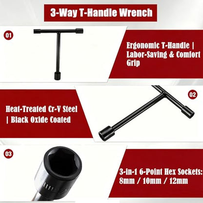 3-Way T-Handle Wrench Removable 8mm 10mm 12mm Sockets for Repairing Bicycle, Car,Motorcycle,Durable Powder Coated Black Finish (Black)