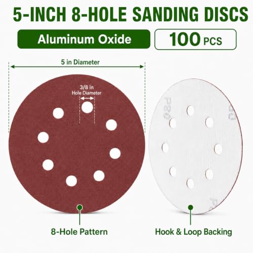 100 Pcs 5 Inch 8 Hole Sanding Discs (100 Grit)