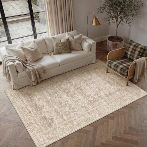 5x7 Area Rugs Retro Beige Washable Rug (Beige / 5' x 7' (Rectangular))