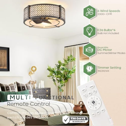 Boho Low Profile Flush Mount Fandelier Ceiling Fan with Light and Remote