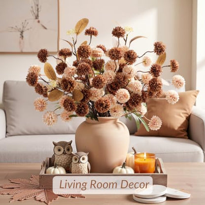 16 PCS Silk Mums Artificial Fall Flowers with Eucalyptus for Vase (Beige Brown)