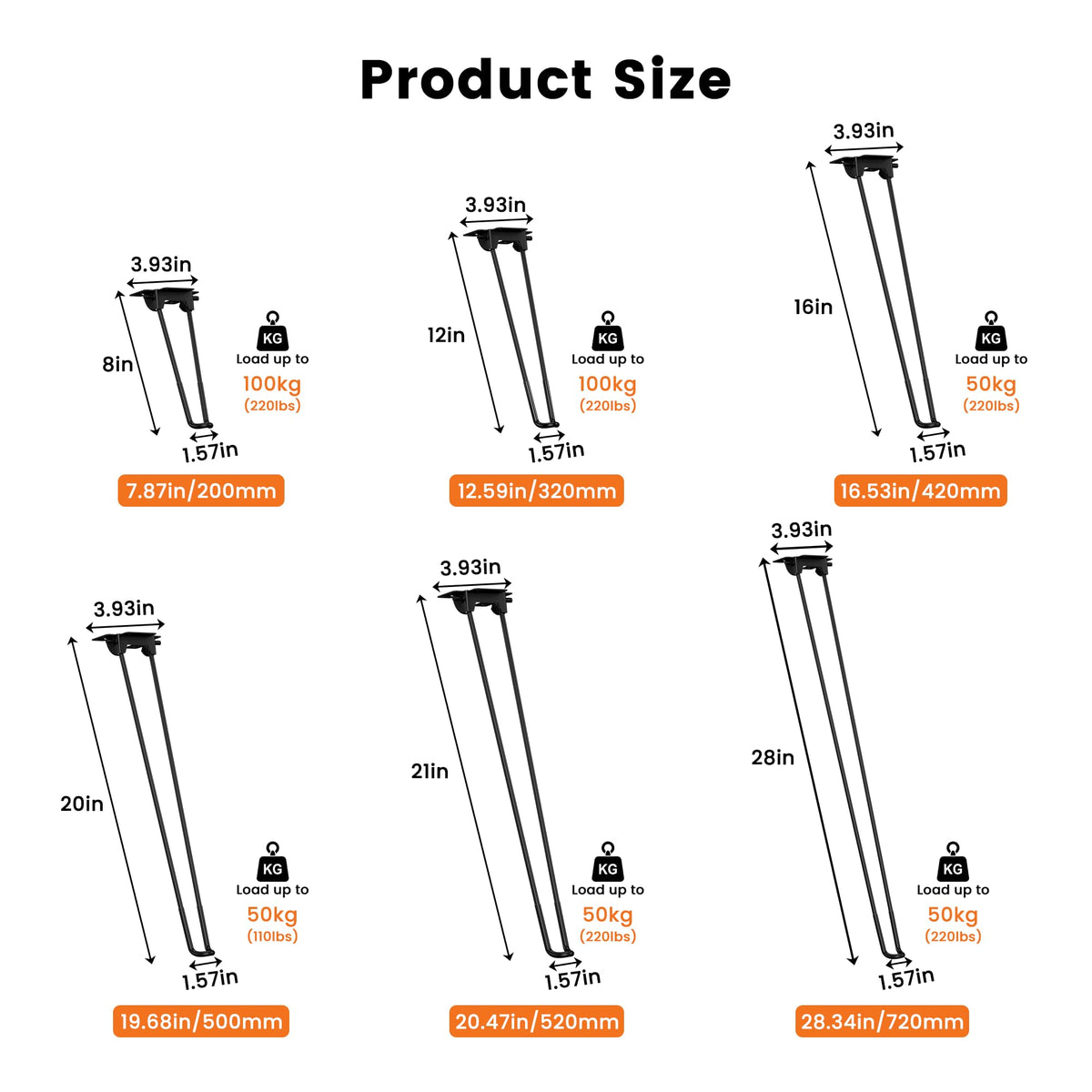Set of 4 Folding Hairpin Table Legs Heavy Duty Metal Legs 28 Inch (Black / 28 Inch/720mm)