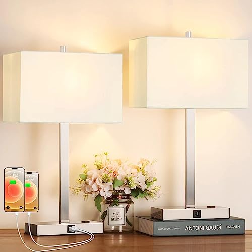 21" Set of 2 Touch Control Table Lamps with 2 USB & AC Outlets