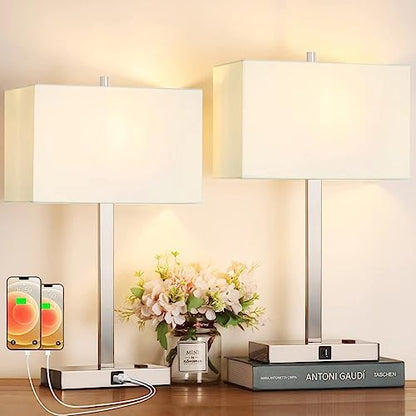 21" Set of 2 Touch Control Table Lamps with 2 USB & AC Outlets