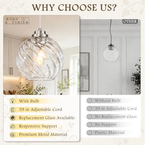 8" Nickel Globe Pendant Light 2 Pack Ribbed Glass Pendant Lights Kitchen Island Height Adjustable Mid (Nickel & Fluted Glass / 8 Inch)