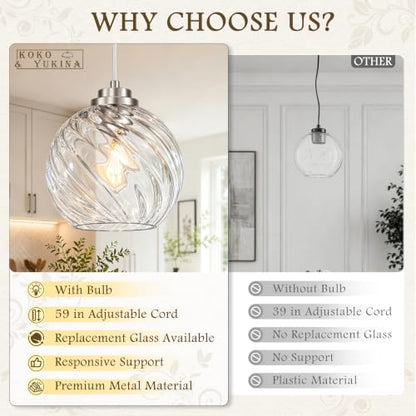 8" Nickel Globe Pendant Light 2 Pack Ribbed Glass Pendant Lights Kitchen Island Height Adjustable Mid (Nickel & Fluted Glass / 8 Inch)