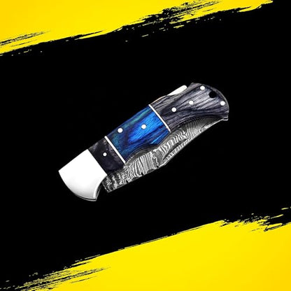 Damascus Pocket Folding Knife with Blue & Black Wooden Handle & Leather Sheath
