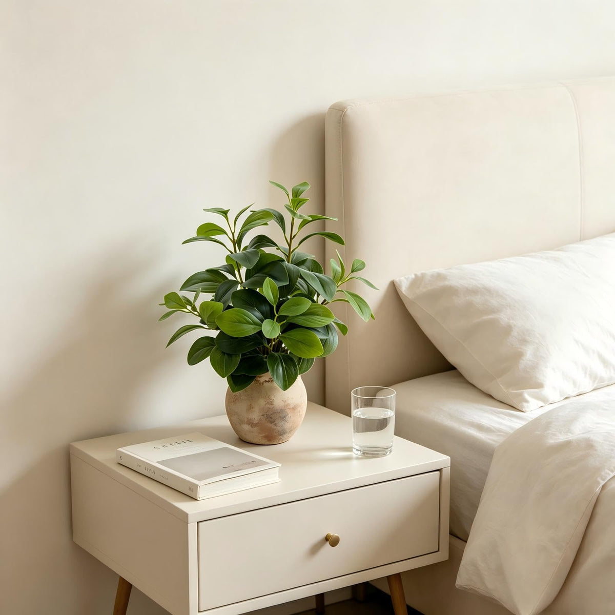 Fake Faux Potted Plant Ficus Ceramic Pot Rustic Home Decor (Green Fig Leaf Plant 17" H)