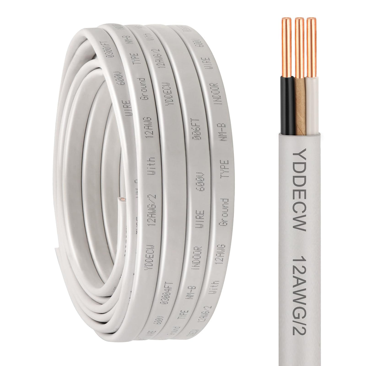 12/2 NM-B Wire with Ground - 25FT Non-Metallic Sheathed Cable Pure Copper 12 AWG 2 Conductor Residential Indoor Wire for Outlets, Switches and Other Loads etc. (White) (25FT)