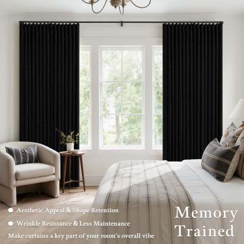 Black Pinch Pleated 100% Blackout Linen Curtains for Bedroom 84 Inch Length (Black / 50"W x 84"L (Pack of 2))