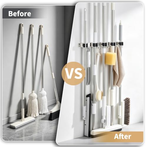 5 Racks 4 Hooks Mop and Broom Holder Wall Mount