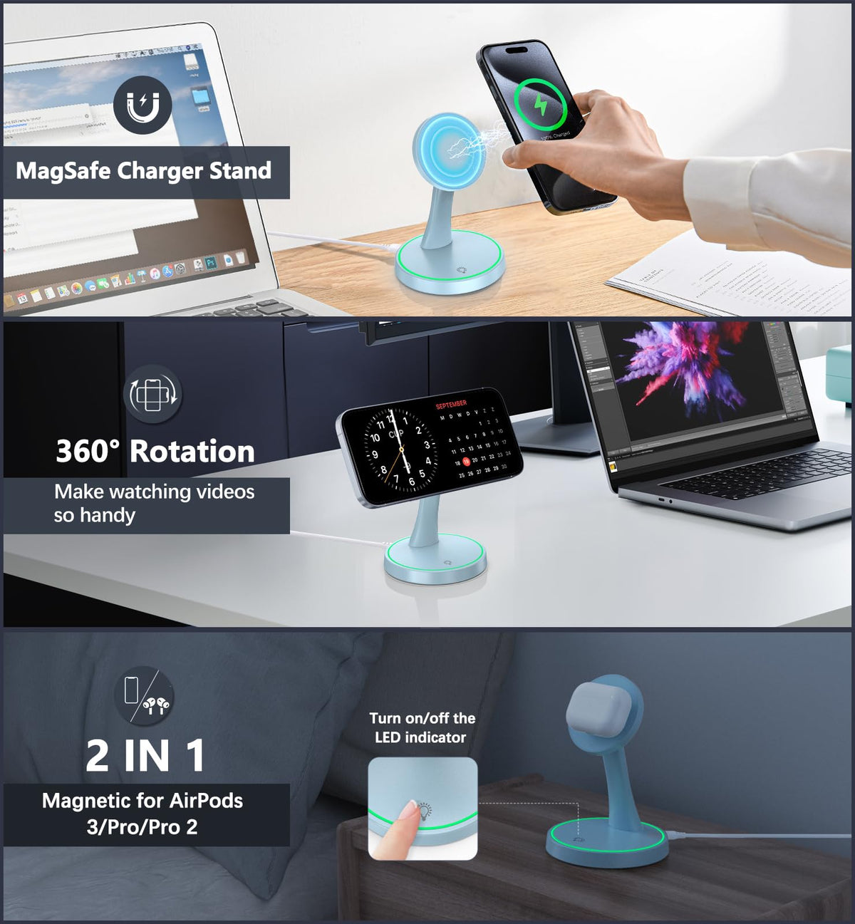 Magnetic Wireless Charger Stand 15W Fast Magnetic Charger for iPhone 17 (Magnetic Single Pack Blue)