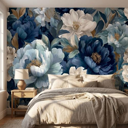 3D Flower Tree Peel and Stick Wall Mural with Gold Tree Body Self Adheisve Floral Mural Wallpaper for Living Room Bedroom Kids Room