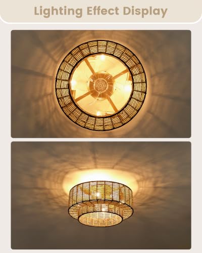 20" Rattan Boho Caged Ceiling Fan with Light Flush Mount and Remote