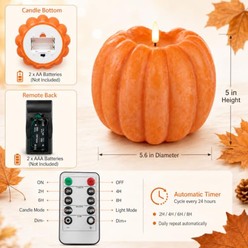 Pumpkin Flameless Candle Remote Control Battery Operated Orange 6x6.5 Inch for Home Autumn Halloween Decoration
