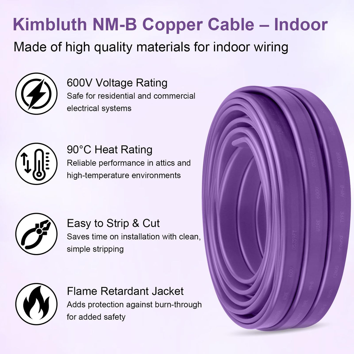 12/3 NM-B with Ground, Solid Indoor Electrical Wire, 100 FT, Purple (Purple / 12AWG/3 100FT)