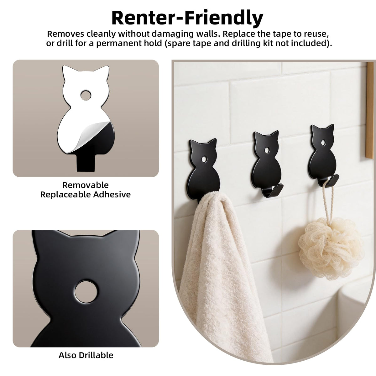 Stainless Adhesive Shower Hooks for Bathroom (Black - Cat)