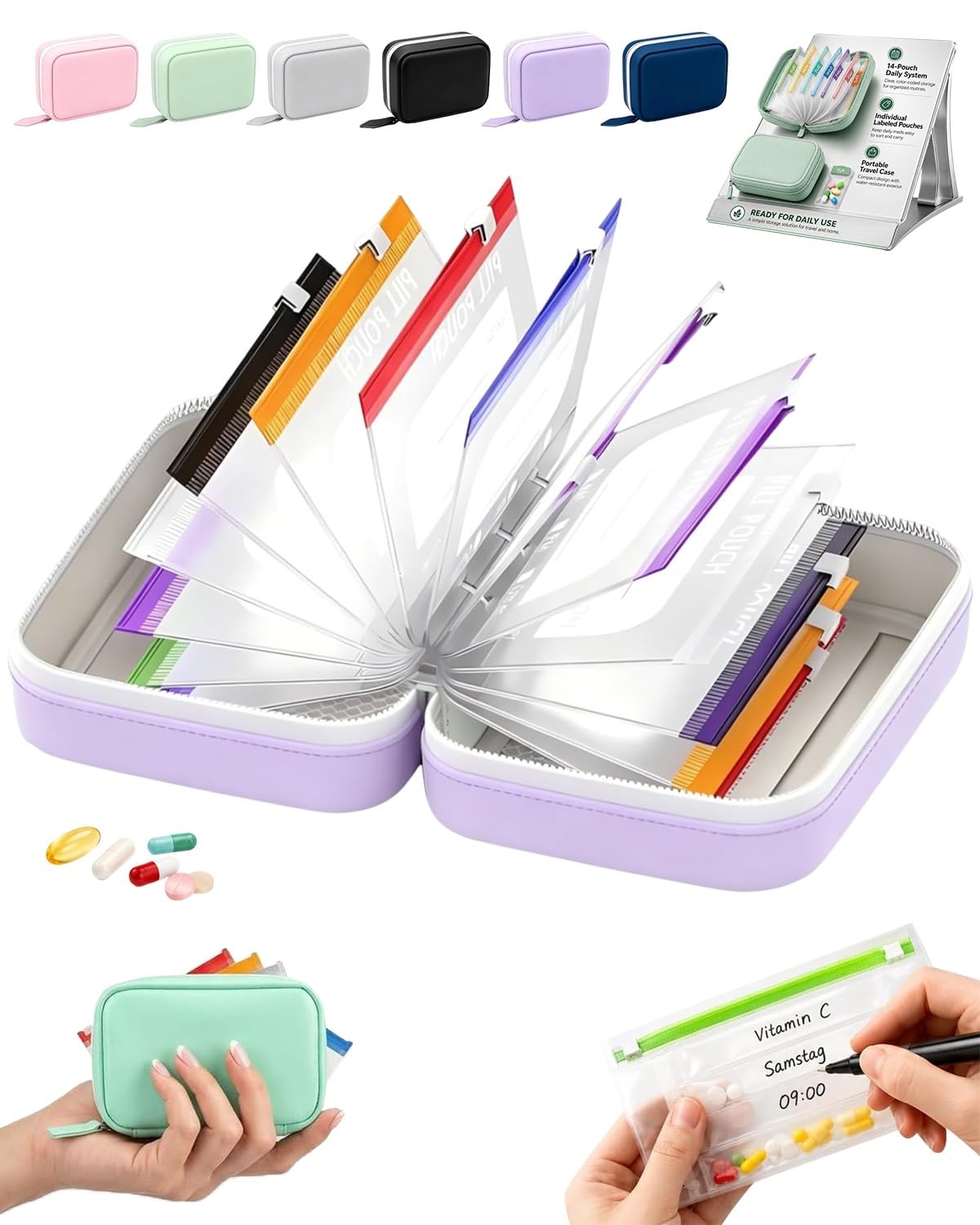 Waterproof Pill Organizer Pill Pouches for Travel 14 PCS Zippered Bags (Purple)