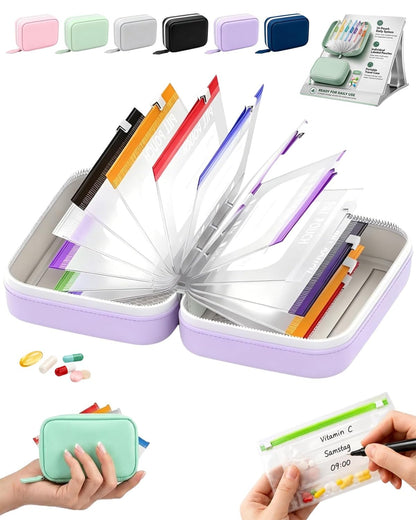 Waterproof Pill Organizer Pill Pouches for Travel 14 PCS Zippered Bags (Purple)