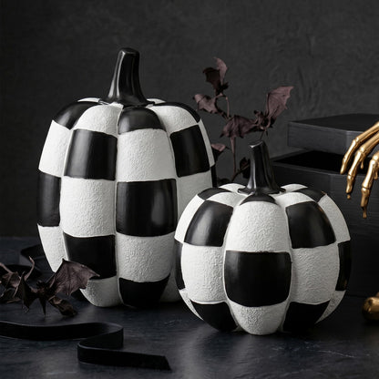 Black and White Checkered Pumpkins for Halloween Decoration Indoor (Black and White-2pcs / Resin)