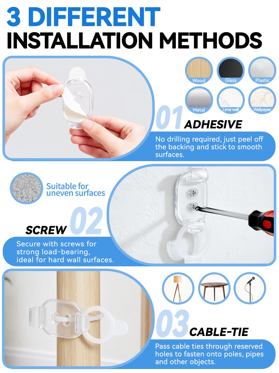 20 Pack Adhesive Cable Clips (Transparent)