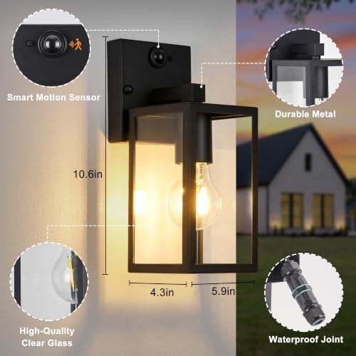 10.6" Motion Sensor Outdoor Wall Sconce Clear Glass Waterproof Exterior Wall Light Porch Light Lantern for Garage Patio Doorway Garden