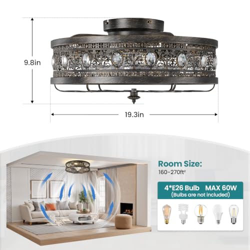 Low Profile Caged Ceiling Fan with Light Black Rustic Fandelier (Black / Flush Mount)
