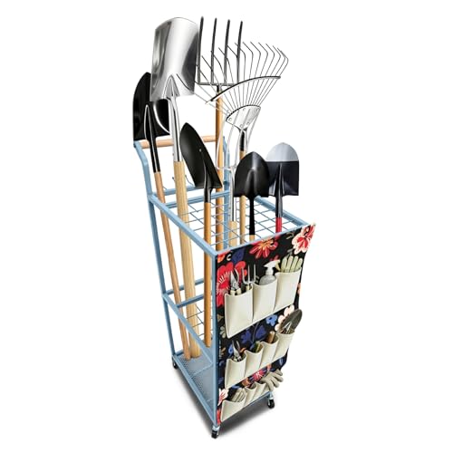 Garden Tool Organizer with Wheels 3 Tier Yard Tool Organizer Rack with Side Storage Pockets Sturdy Metal Steel Holder with 6 Hooks for Garage
