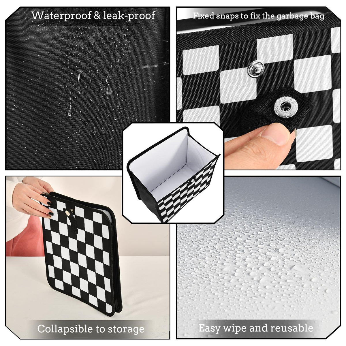 Checkered Black White Car Trash Can Car Organizer Car Garbage Can with Adjustable Strap for Back Front Seat Console Waterproof Leakproof Collapsible Portable 11 Inch Checkerboard (Checkerboard / M)