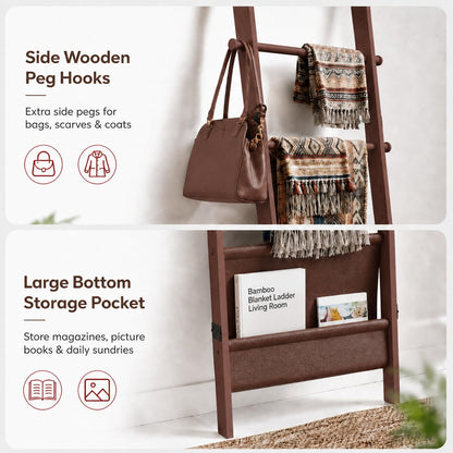 71" 4-in-1 Blanket Ladder for Living Room, 5-Tier Leaning Bamboo Decorative Towel & Quilt Rack with Magazine Leather Pocket, 4 Detachable Hanging Bars, Space-Saving Shelf for Bedroom (Brown) (Brown)