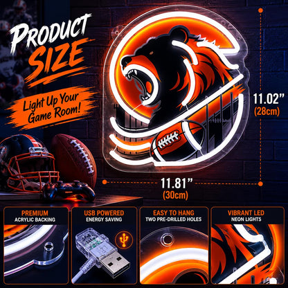 Football Bear Neon Sign Orange Bear Light for Man Cave Wall Decor (Orange,HuKou)