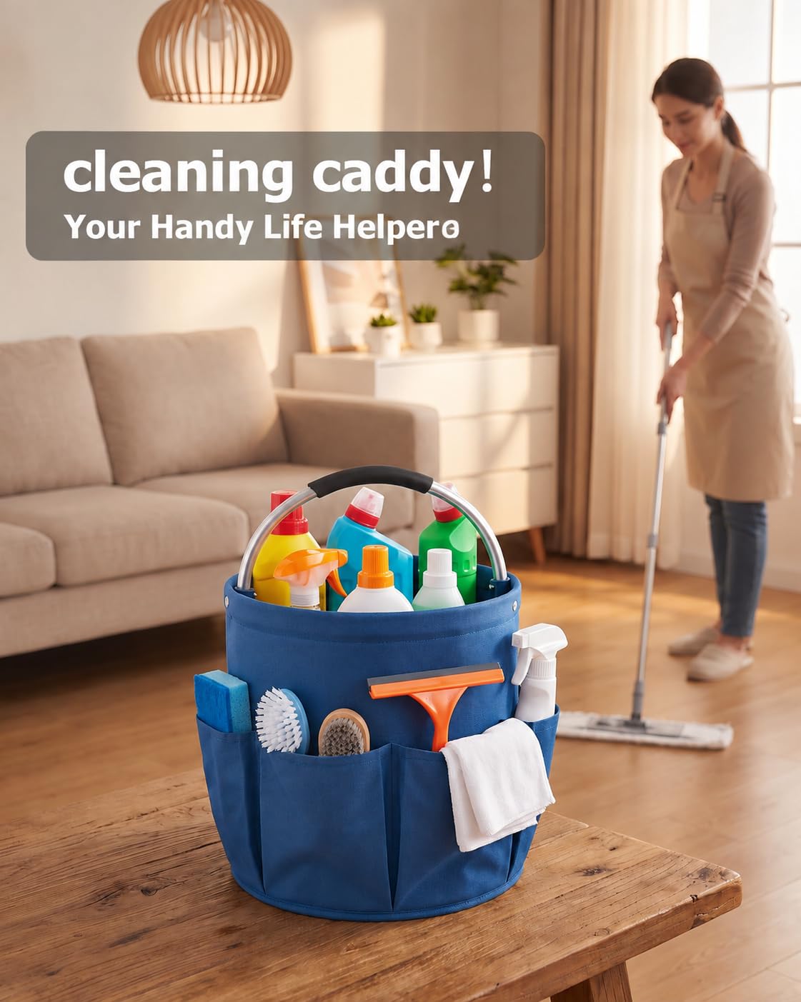 Foldable 4.5Gallon Cleaning Caddy Organizer with 6 Pockets (Blue)