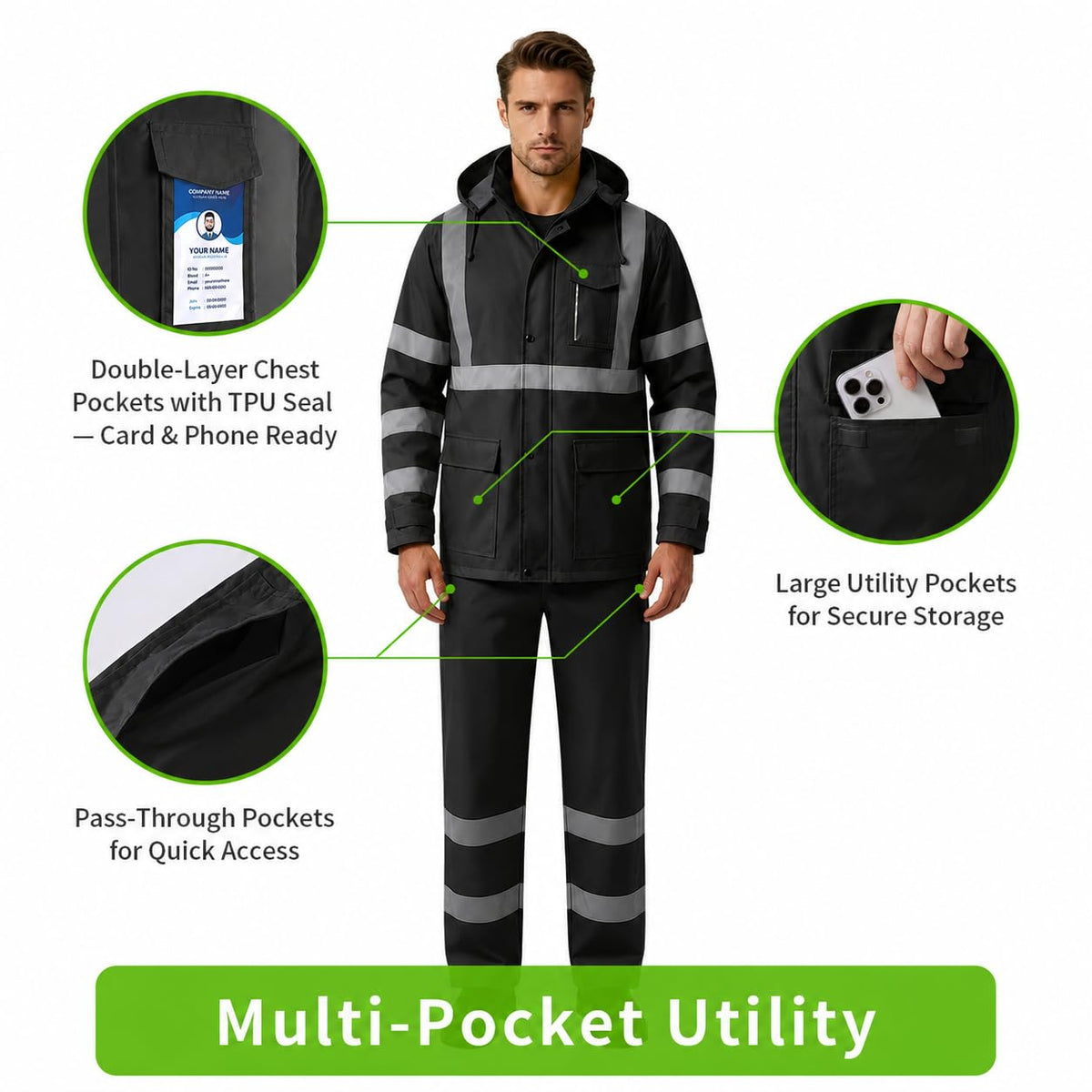 High Vis Safety Rain Jackets and Pants for Men Women (Black / X-Large)