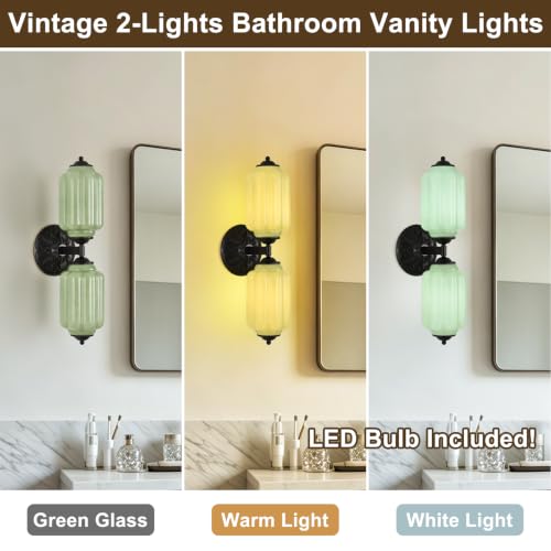 Green Glass Vintage Bathroom Vanity Light (Black & Green 1 Pack)