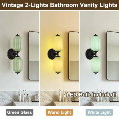Green Glass Vintage Bathroom Vanity Light (Black & Green 1 Pack)