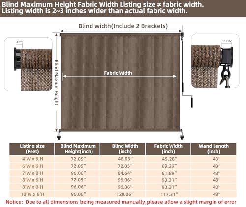 Cordless Sun Shades Outdoor Patio Roller Up Blinds for Porch 72" W x 96" H (Mocha / 72"W x 96"H)